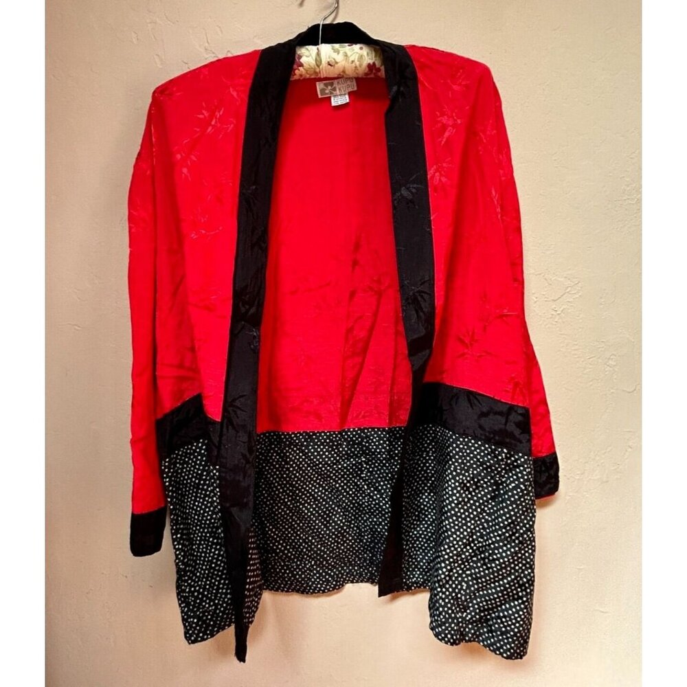Kupu Kupu Womens Small Open Front Kimono Cardigan Asian-Inspired Red Black
